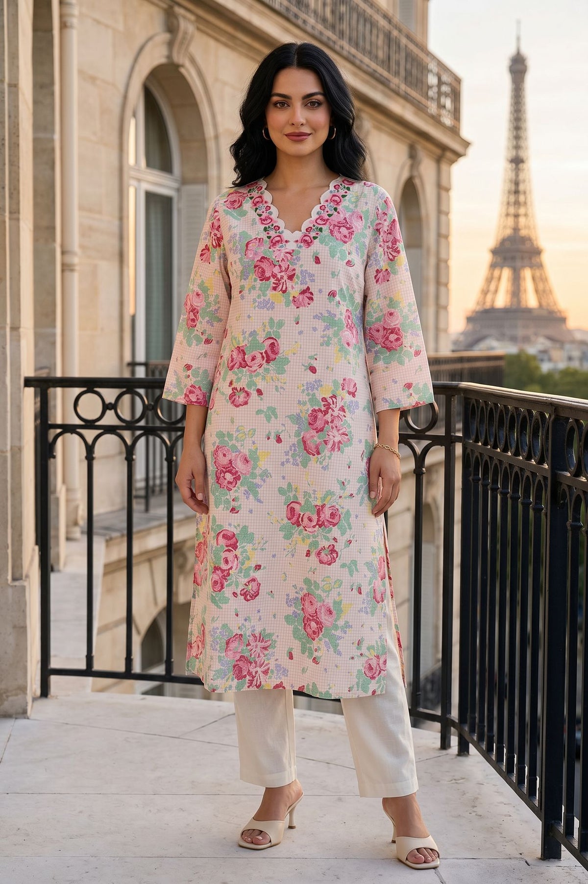 Off White Floral Printed Pure Cotton Straight Kurta