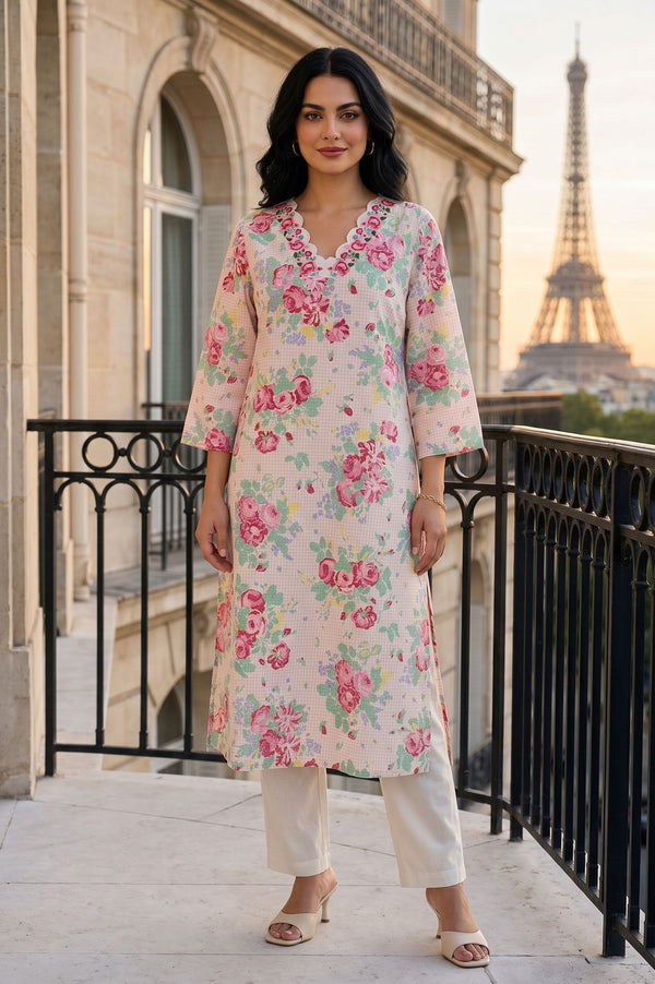 Off White Floral Printed Pure Cotton Straight Kurta