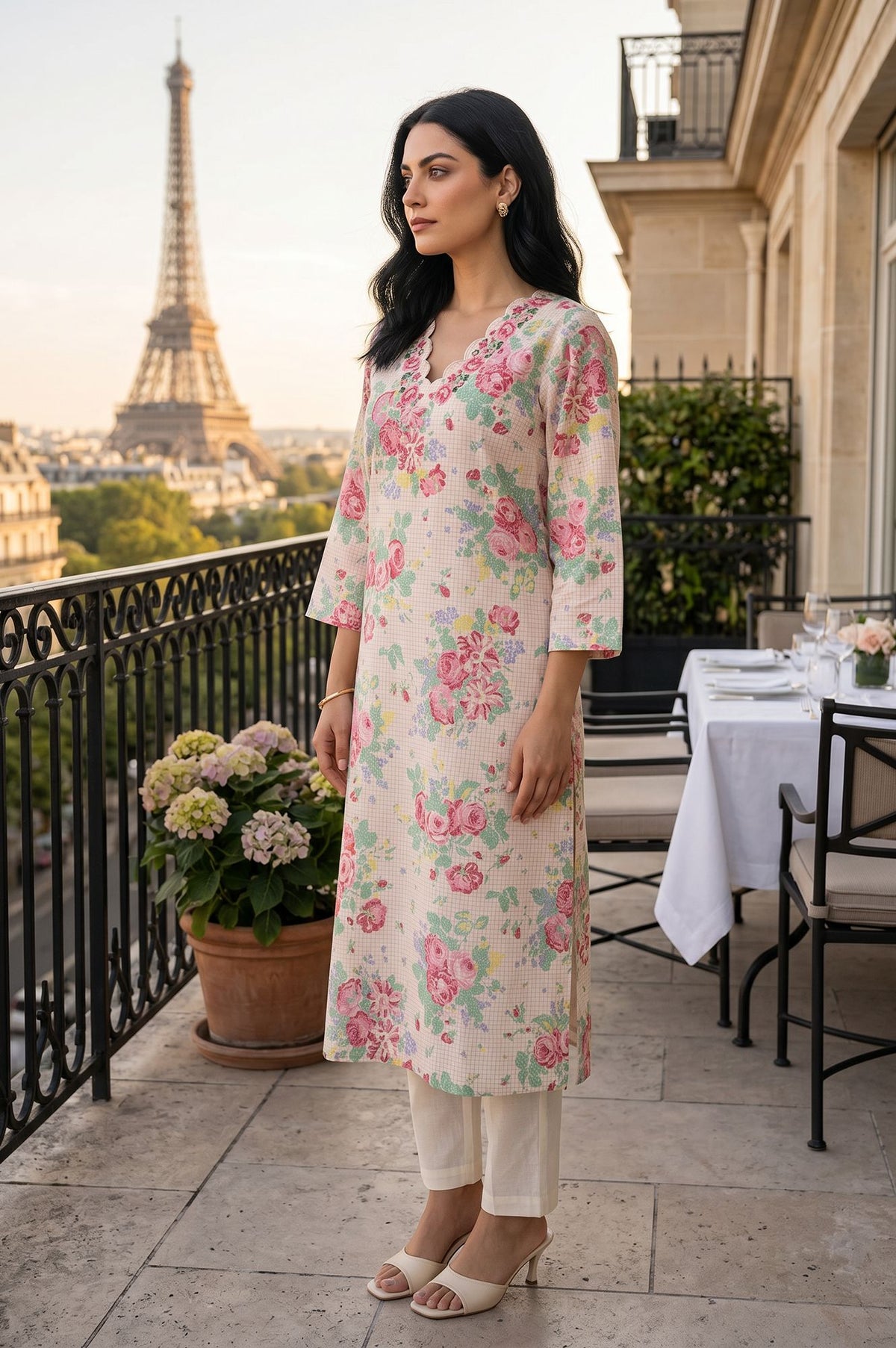 Off White Floral Printed Pure Cotton Straight Kurta