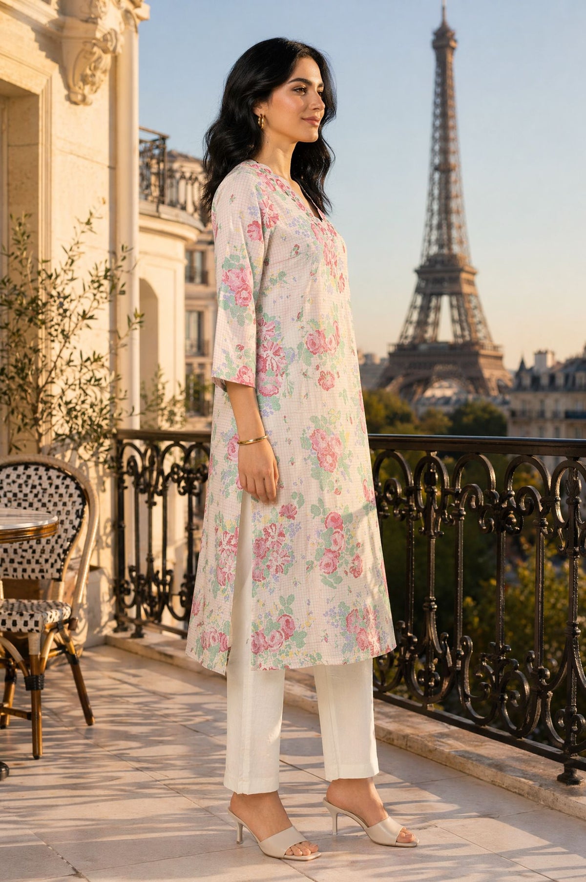 Off White Floral Printed Pure Cotton Straight Kurta