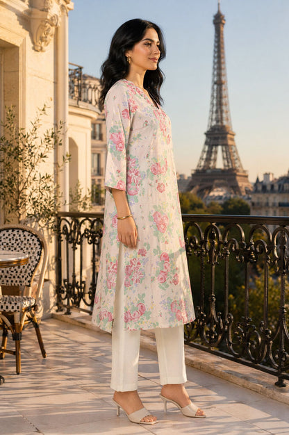 Off White Floral Printed Pure Cotton Straight Kurta