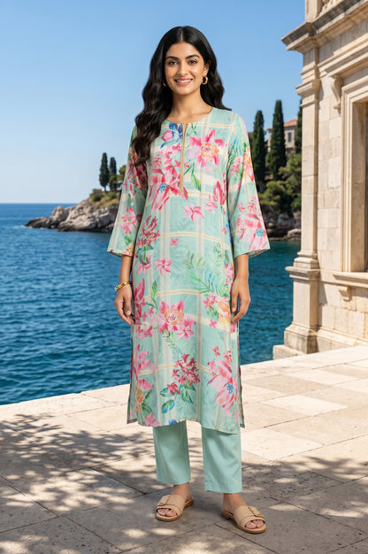 Sea Green Floral Printed Straight Kurta