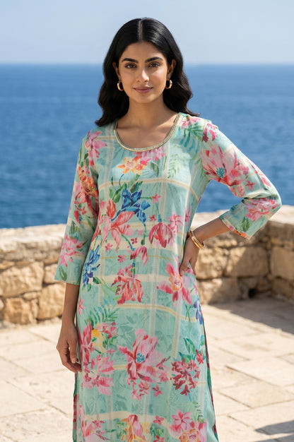 Sea Green Floral Printed Straight Kurta