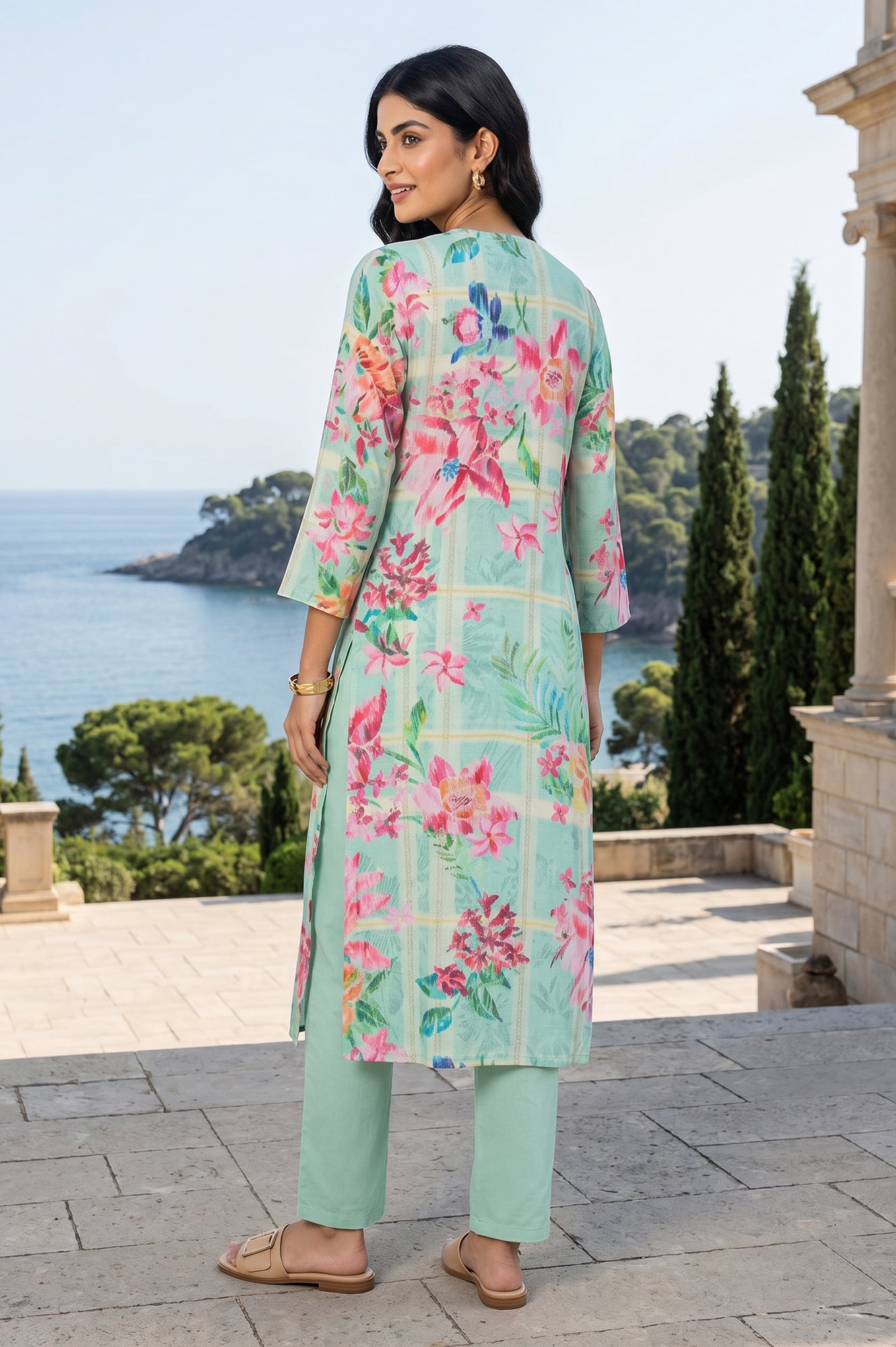 Sea Green Floral Printed Straight Kurta