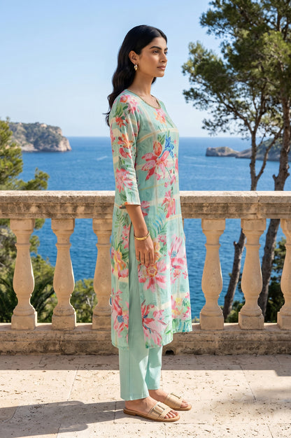 Sea Green Floral Printed Straight Kurta