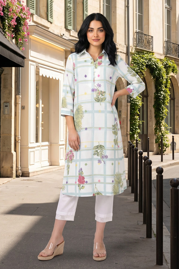 White Floral Printed Pure Cotton Straight Kurta