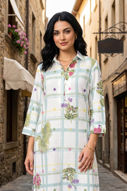 White Floral Printed Pure Cotton Straight Kurta