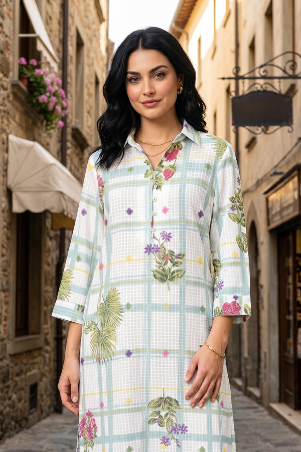 White Floral Printed Pure Cotton Straight Kurta