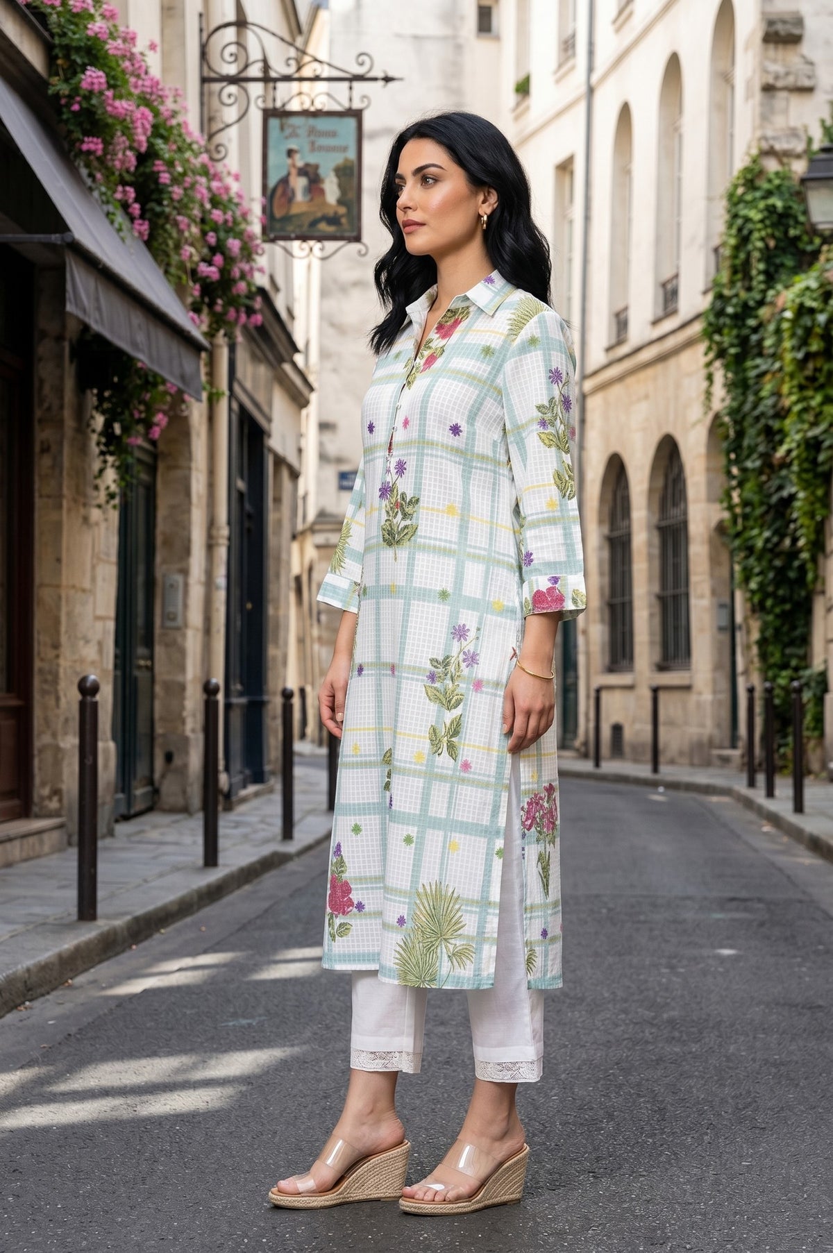 White Floral Printed Pure Cotton Straight Kurta