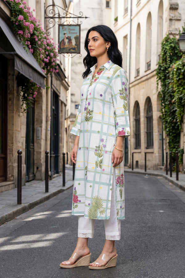 White Floral Printed Pure Cotton Straight Kurta