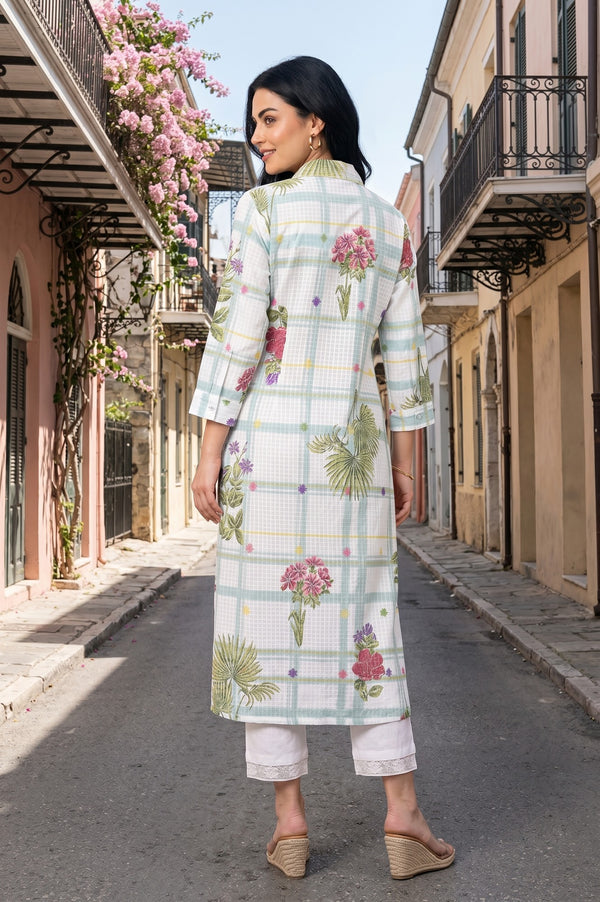 White Floral Printed Pure Cotton Straight Kurta