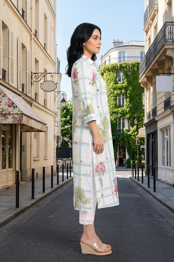 White Floral Printed Pure Cotton Straight Kurta