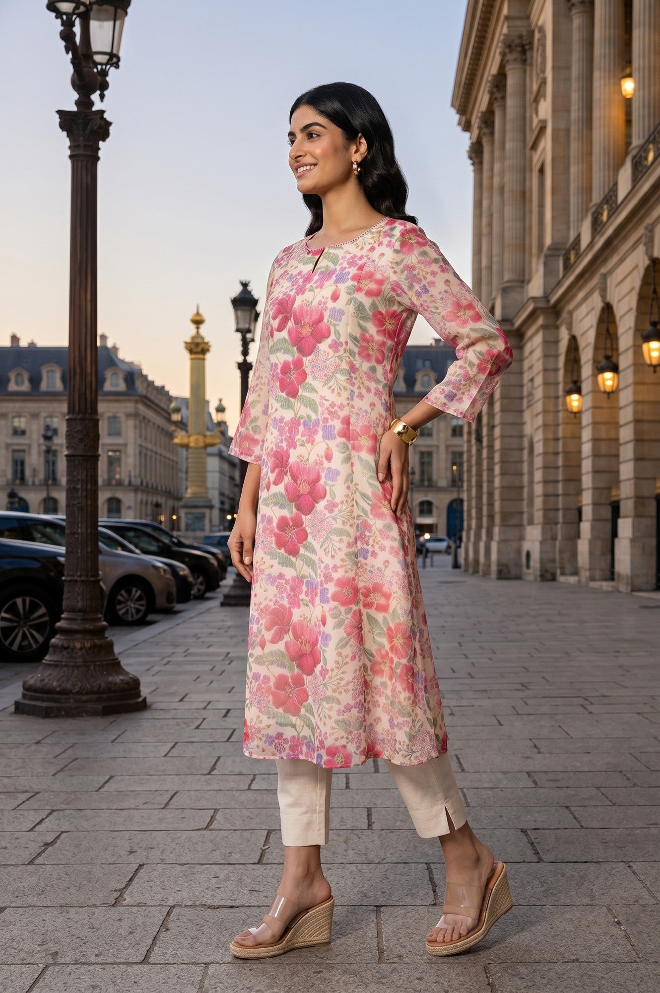 Cream Floral Printed Organza A-line Kurta