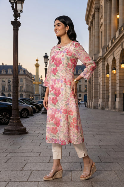 Cream Floral Printed Organza A-line Kurta