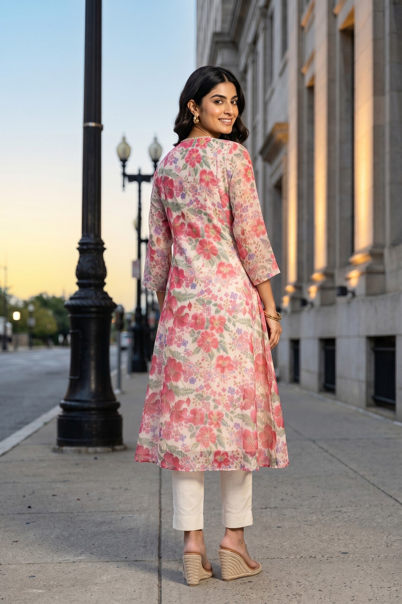 Cream Floral Printed Organza A-line Kurta