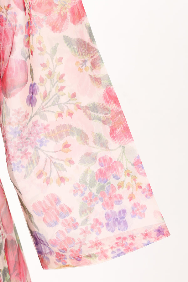 Cream Floral Printed Organza A-line Kurta