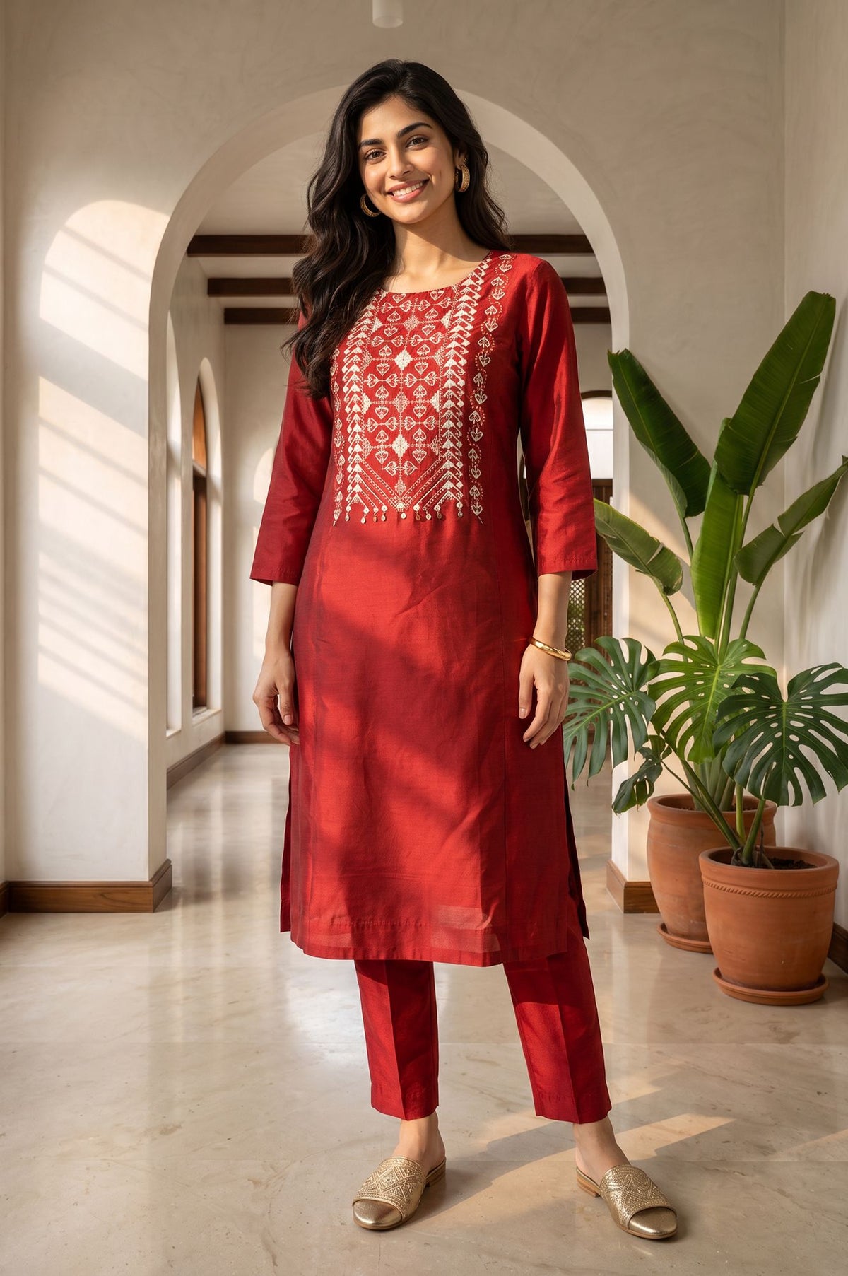 Maroon Embroidered Straight Kurta