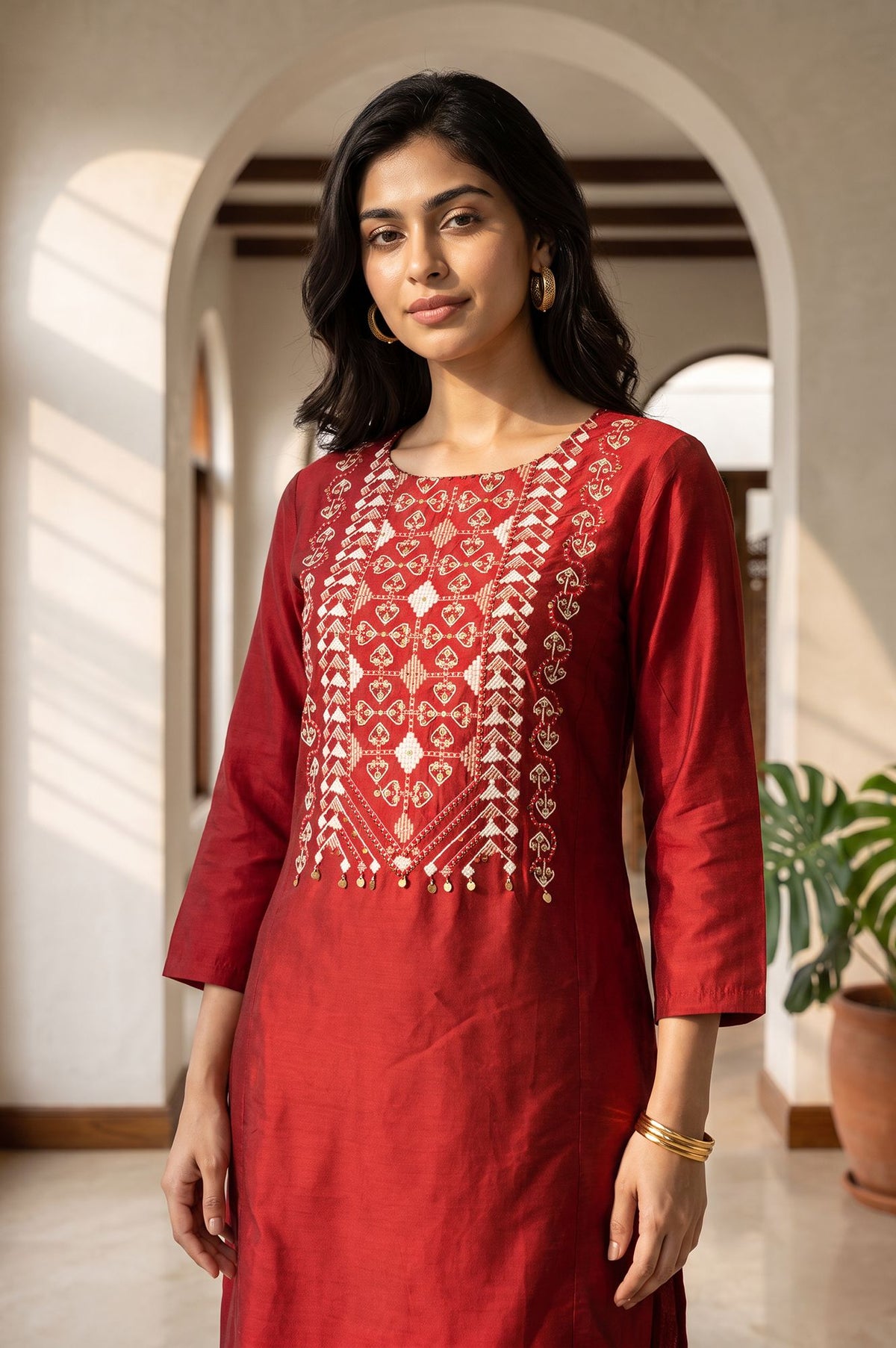 Maroon Embroidered Straight Kurta