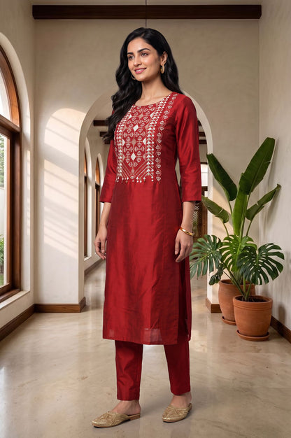 Maroon Embroidered Straight Kurta