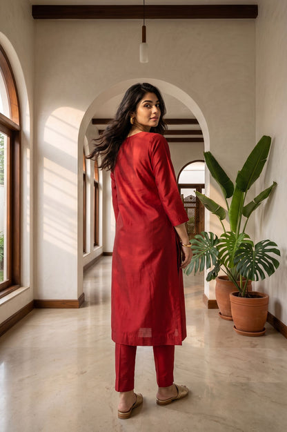 Maroon Embroidered Straight Kurta