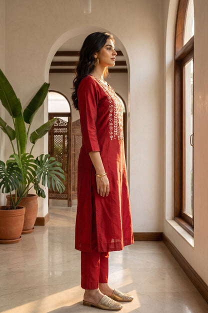 Maroon Embroidered Straight Kurta