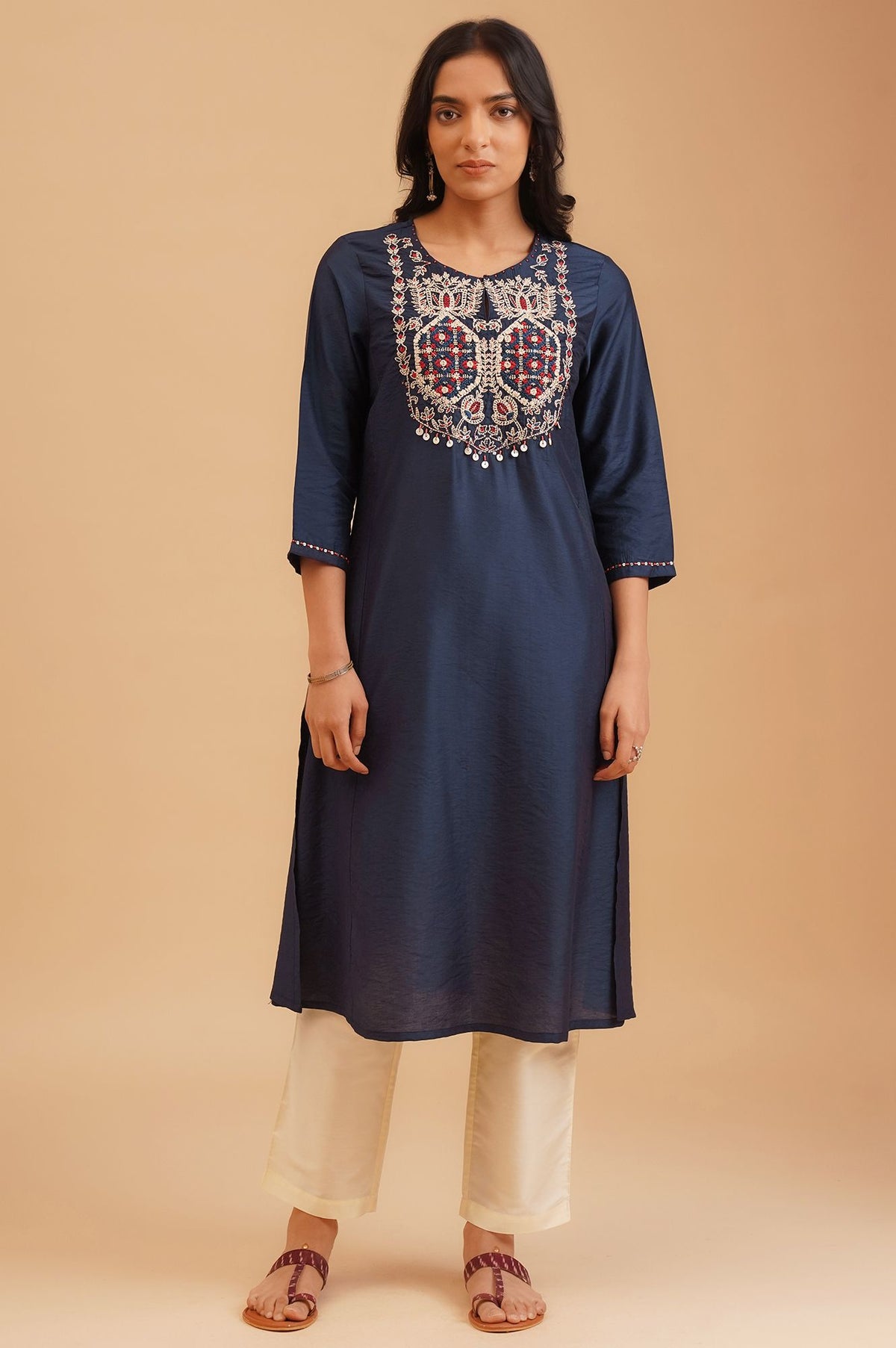 Navy Blue Embroidered Straight Kurta