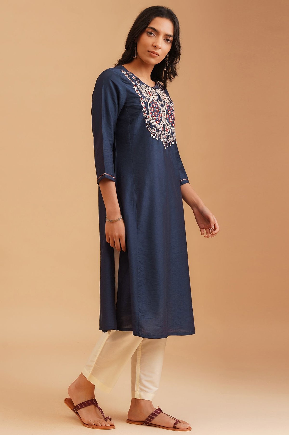 Navy Blue Embroidered Straight Kurta