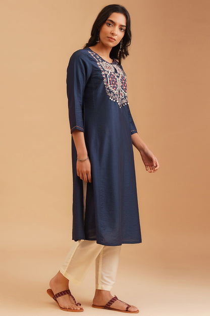 Navy Blue Embroidered Straight Kurta