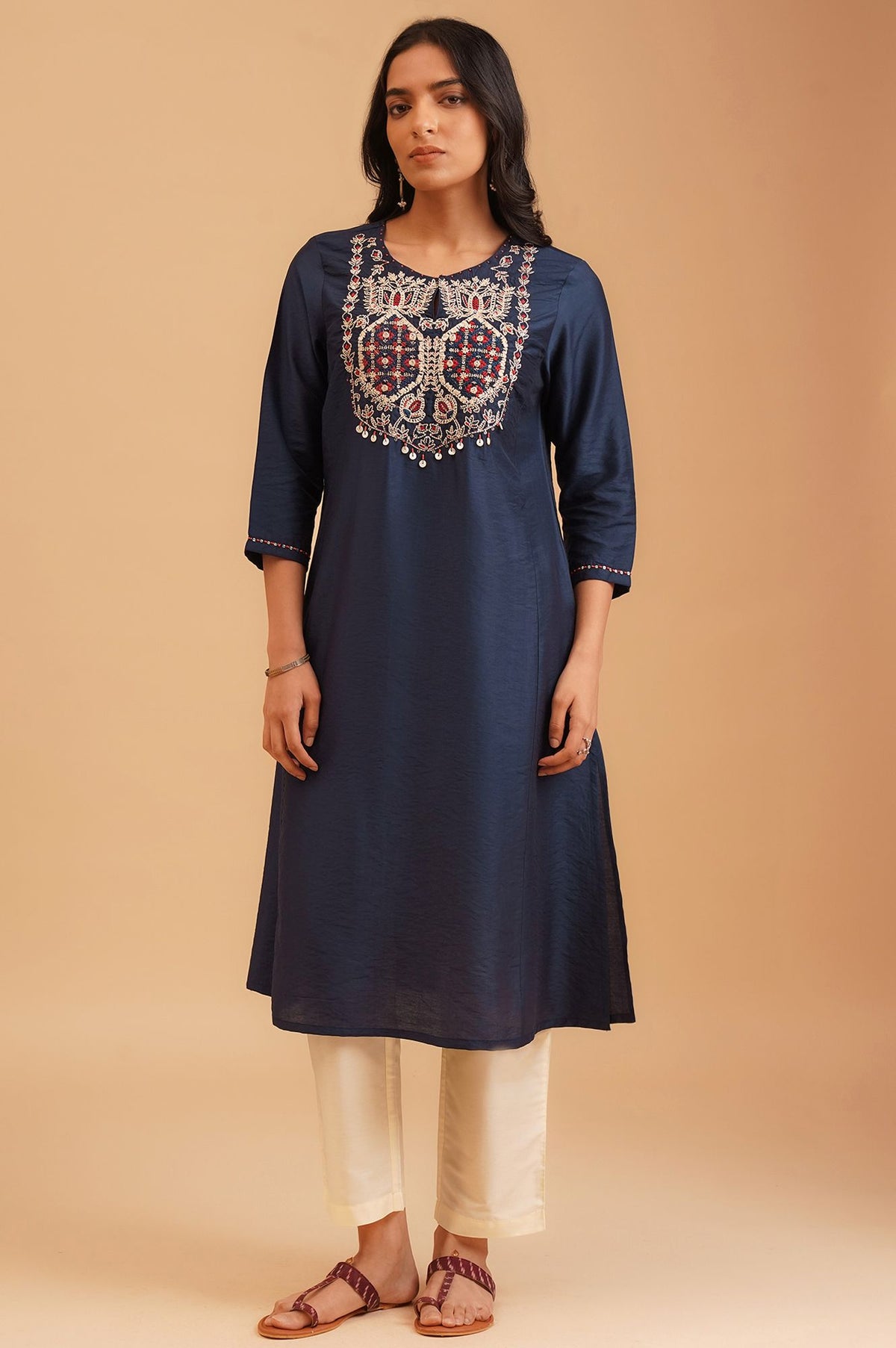 Navy Blue Embroidered Straight Kurta