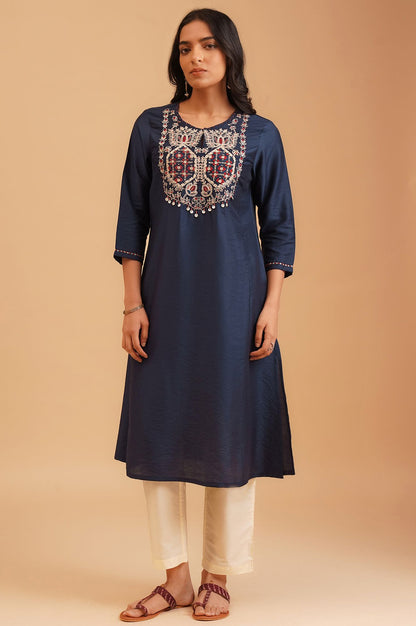 Navy Blue Embroidered Straight Kurta