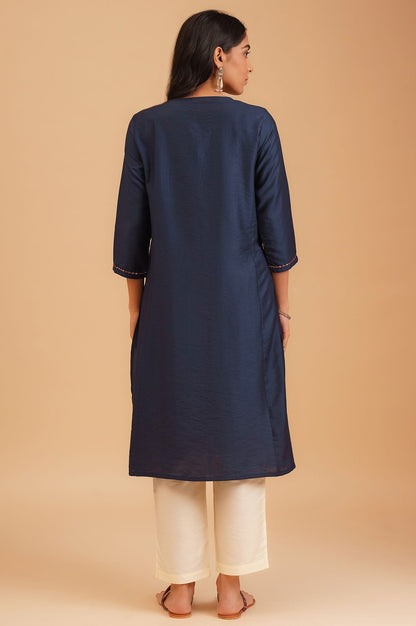 Navy Blue Embroidered Straight Kurta