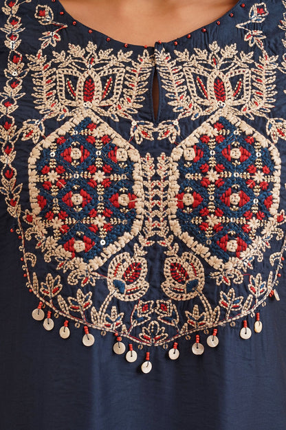 Navy Blue Embroidered Straight Kurta