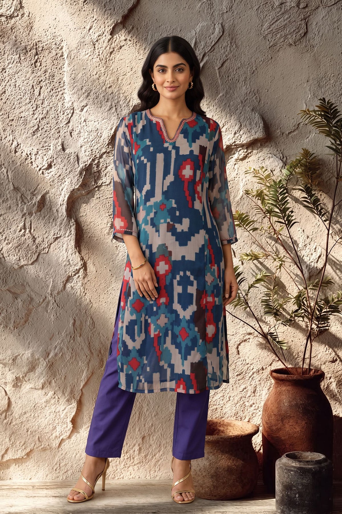 Blue Ikat Printed Sequins Chiffon Straight Kurta