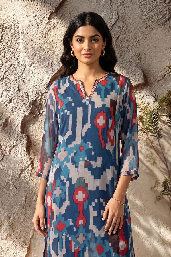 Blue Ikat Printed Sequins Chiffon Straight Kurta