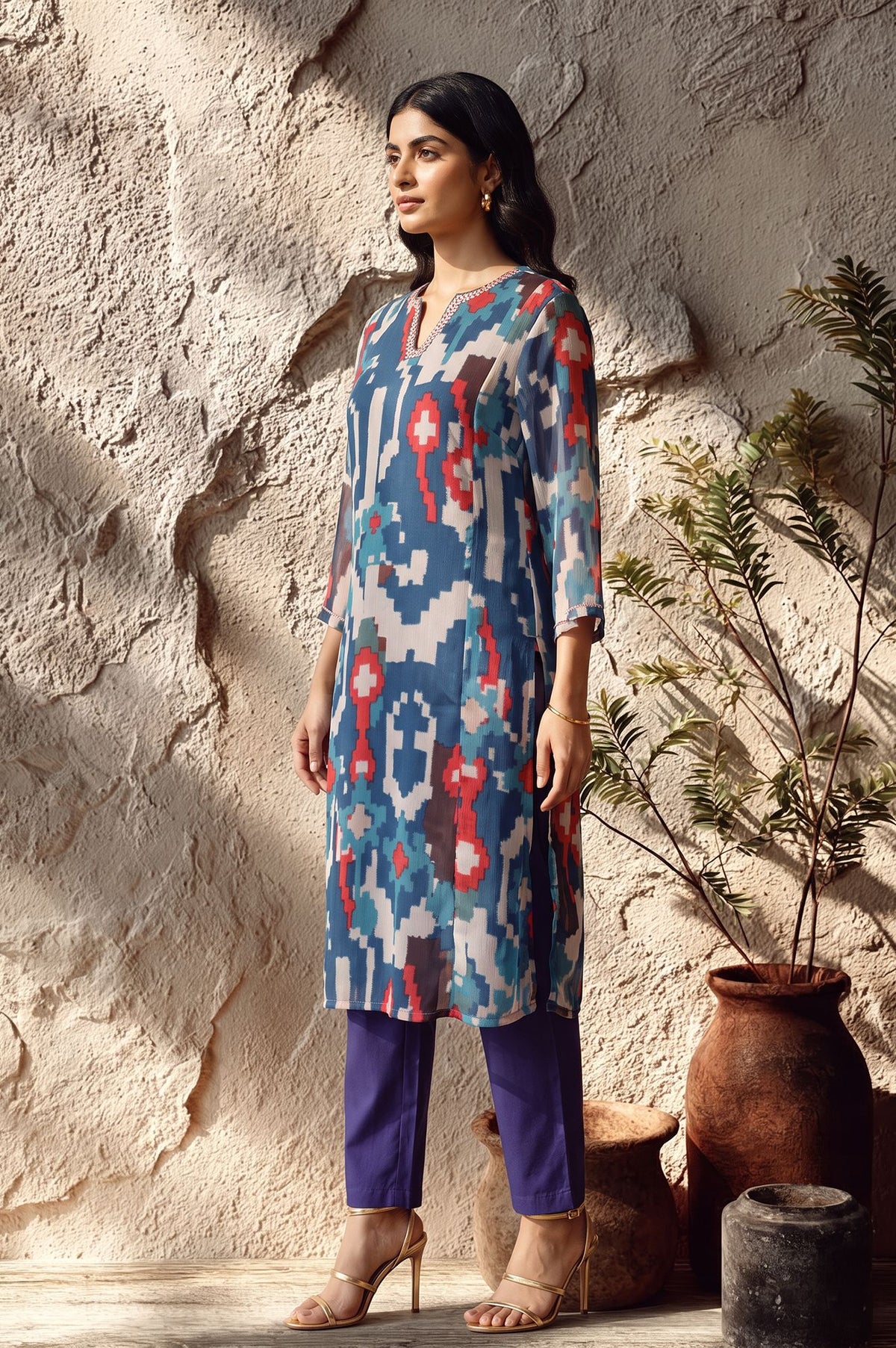 Blue Ikat Printed Sequins Chiffon Straight Kurta