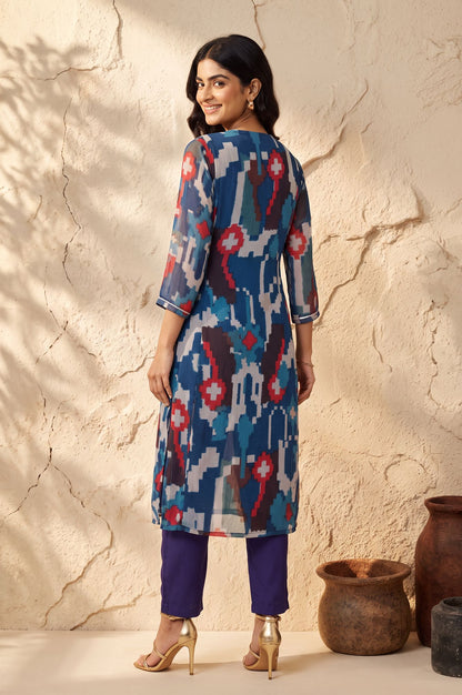 Blue Ikat Printed Sequins Chiffon Straight Kurta