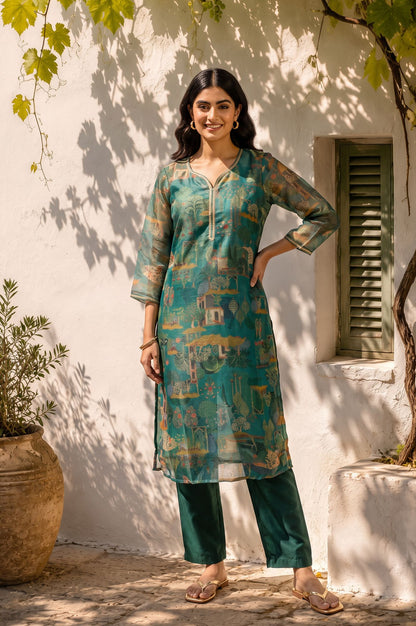 W Teal Ethnic Motifs Zari Kota Spun Straight Kurta
