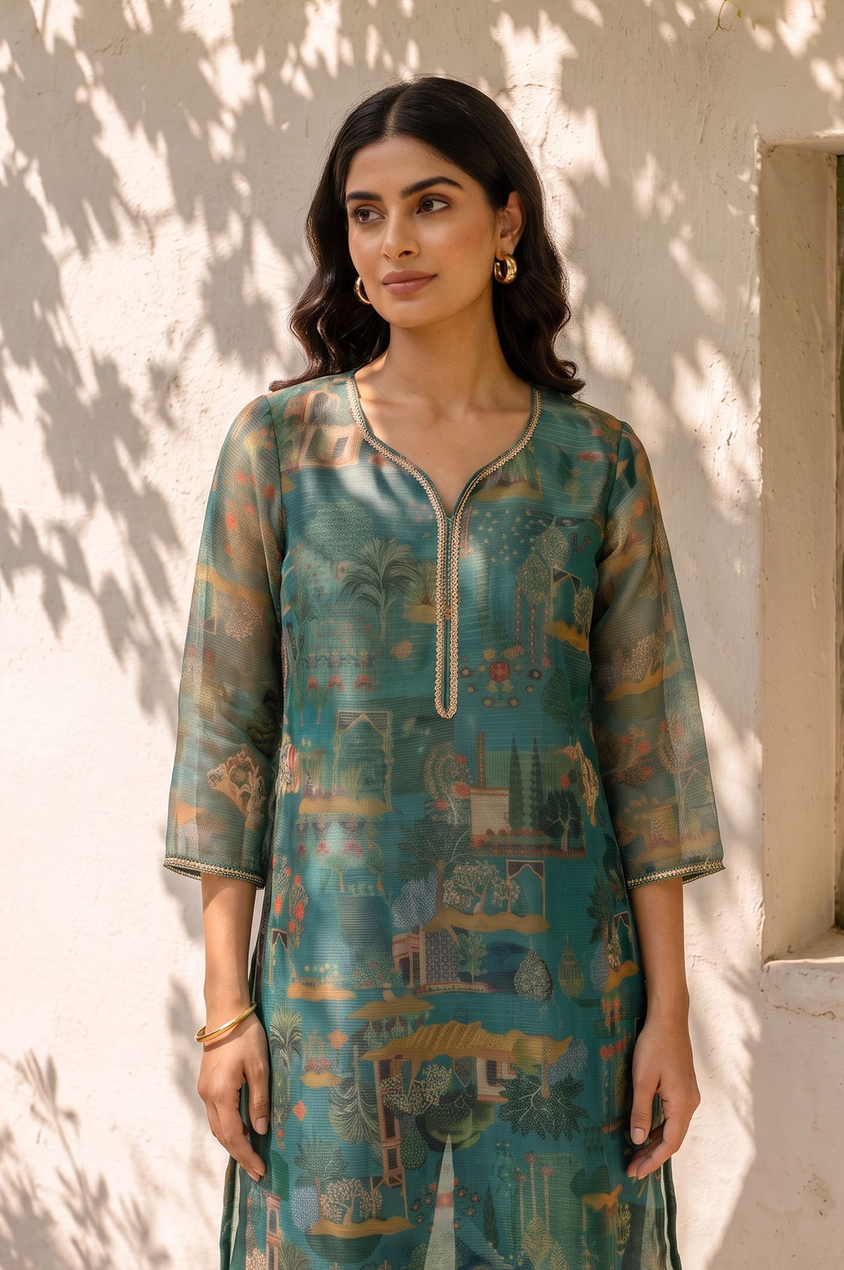 W Teal Ethnic Motifs Zari Kota Spun Straight Kurta