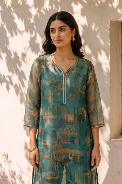 W Teal Ethnic Motifs Zari Kota Spun Straight Kurta