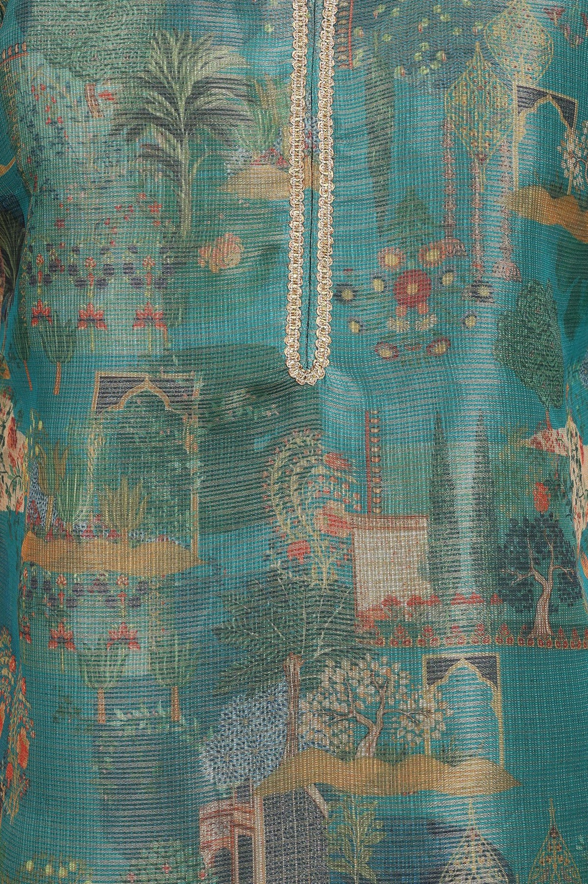 W Teal Ethnic Motifs Zari Kota Spun Straight Kurta