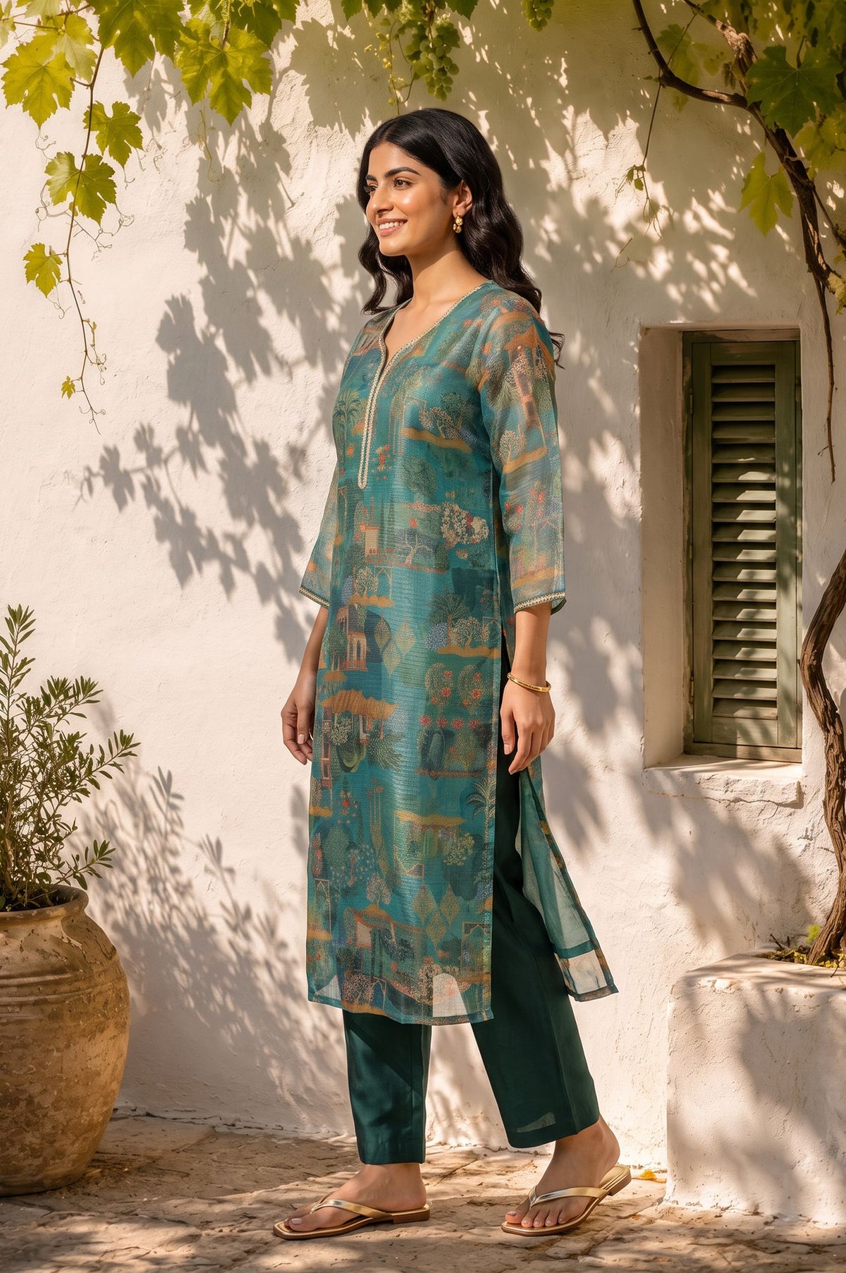 W Teal Ethnic Motifs Zari Kota Spun Straight Kurta