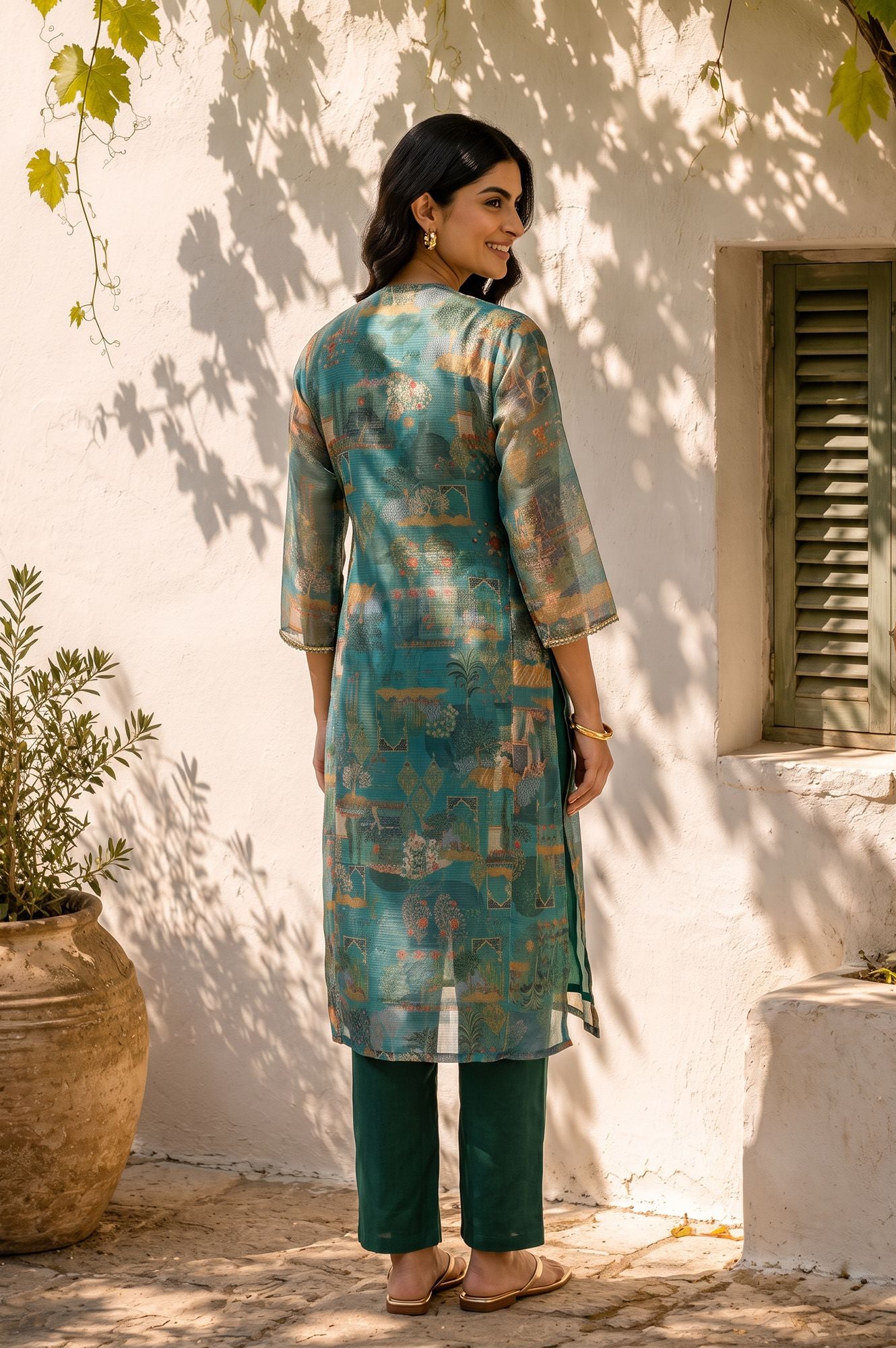 W Teal Ethnic Motifs Zari Kota Spun Straight Kurta