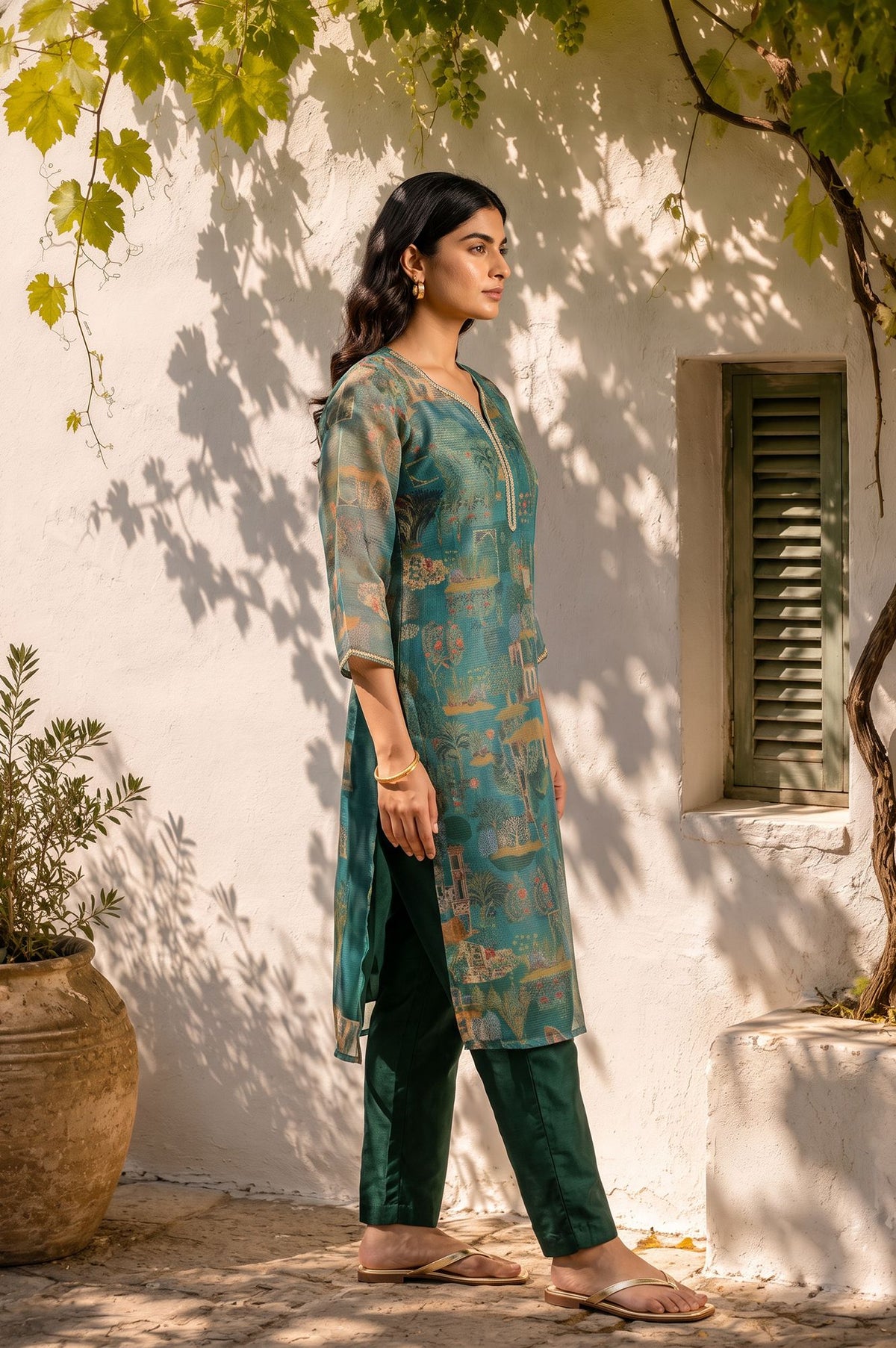 W Teal Ethnic Motifs Zari Kota Spun Straight Kurta