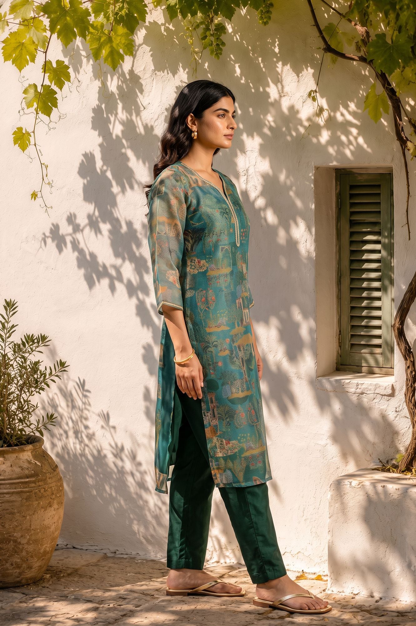 W Teal Ethnic Motifs Zari Kota Spun Straight Kurta