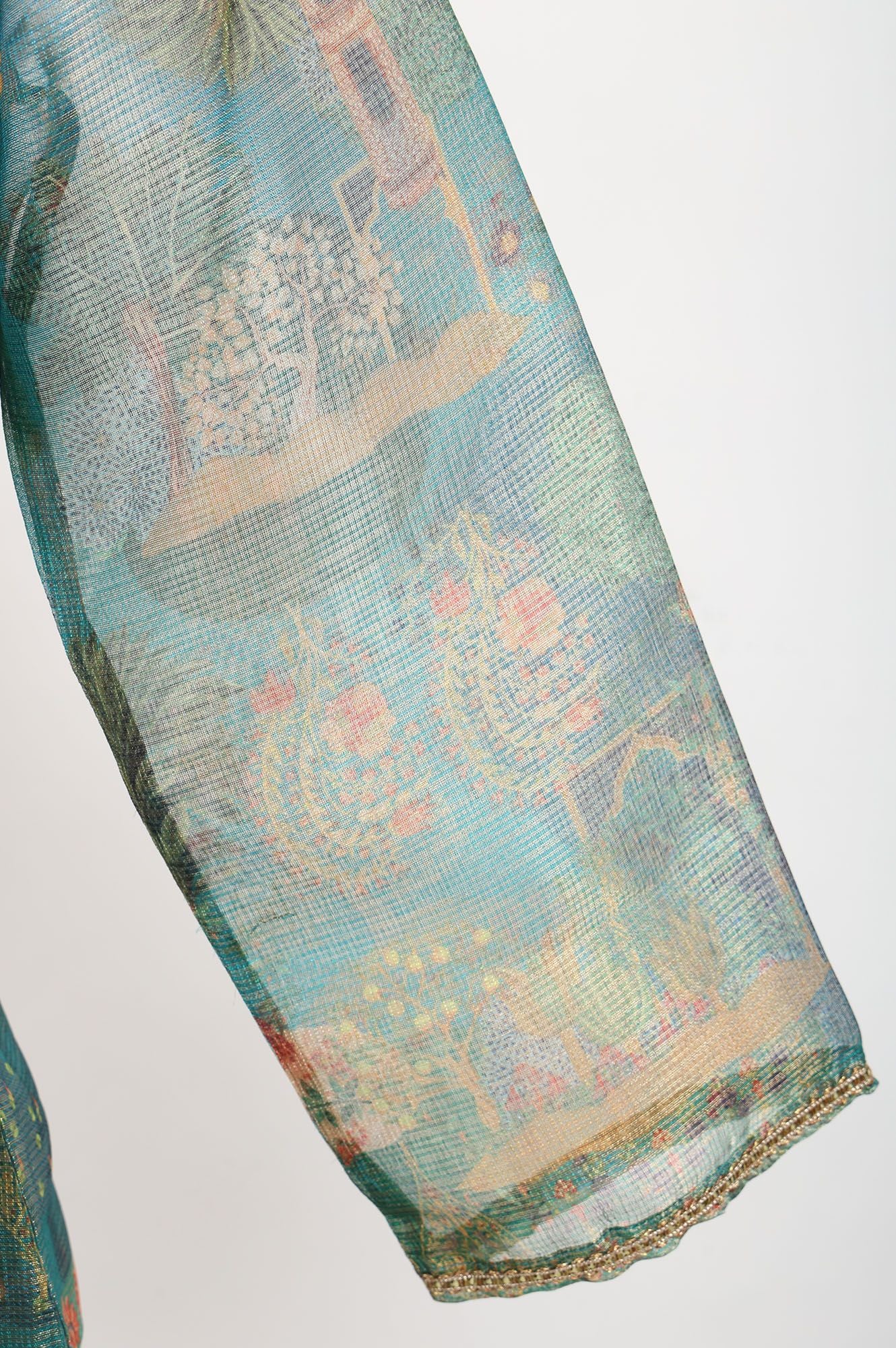 W Teal Ethnic Motifs Zari Kota Spun Straight Kurta