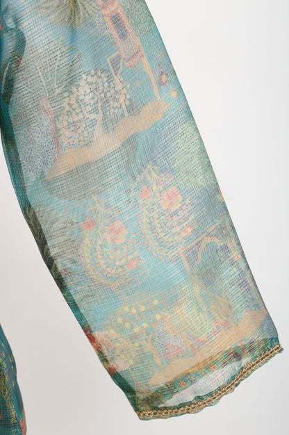 W Teal Ethnic Motifs Zari Kota Spun Straight Kurta