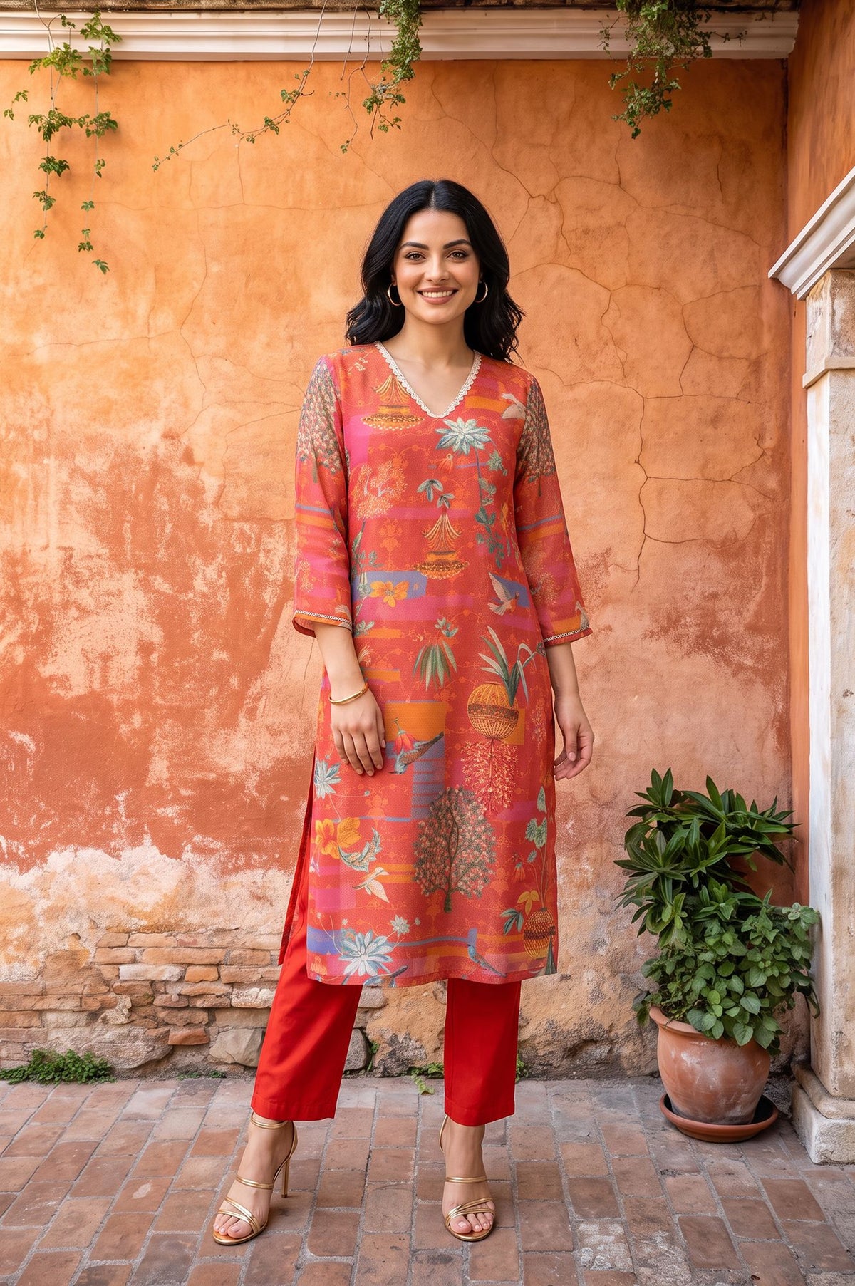 Orange Floral Printed Tissue Crape Straight Kurta