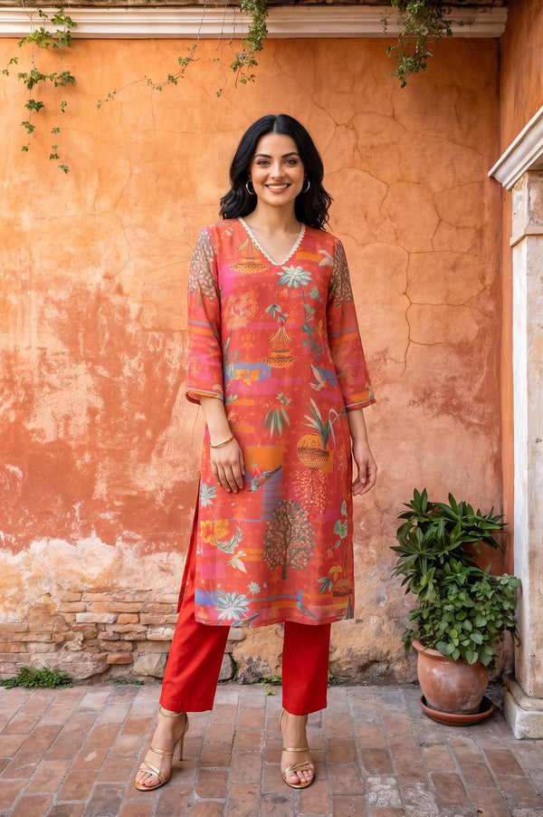 Orange Floral Printed Tissue Crape Straight Kurta