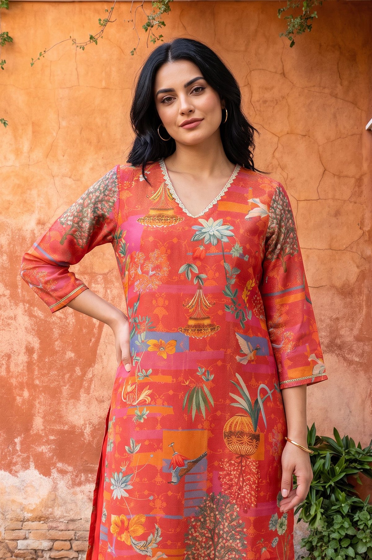 Orange Floral Printed Tissue Crape Straight Kurta