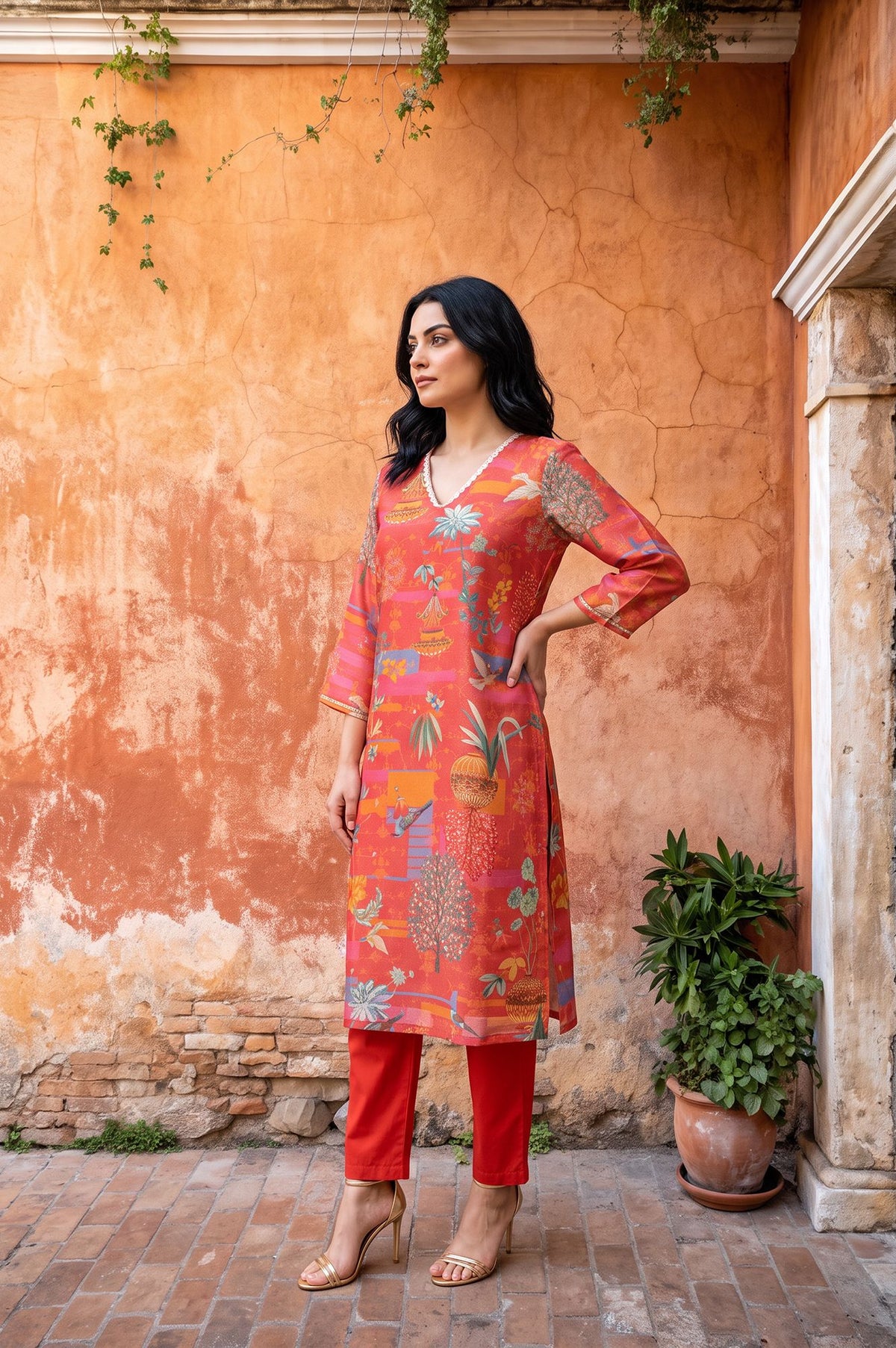 Orange Floral Printed Tissue Crape Straight Kurta